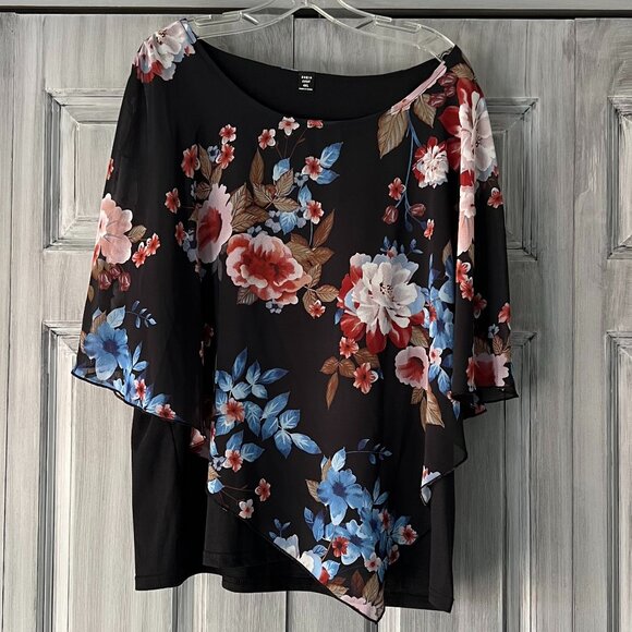 Shein Curve Black Top With Floral Sheer Overlay Size 4XL - Picture 1 of 8